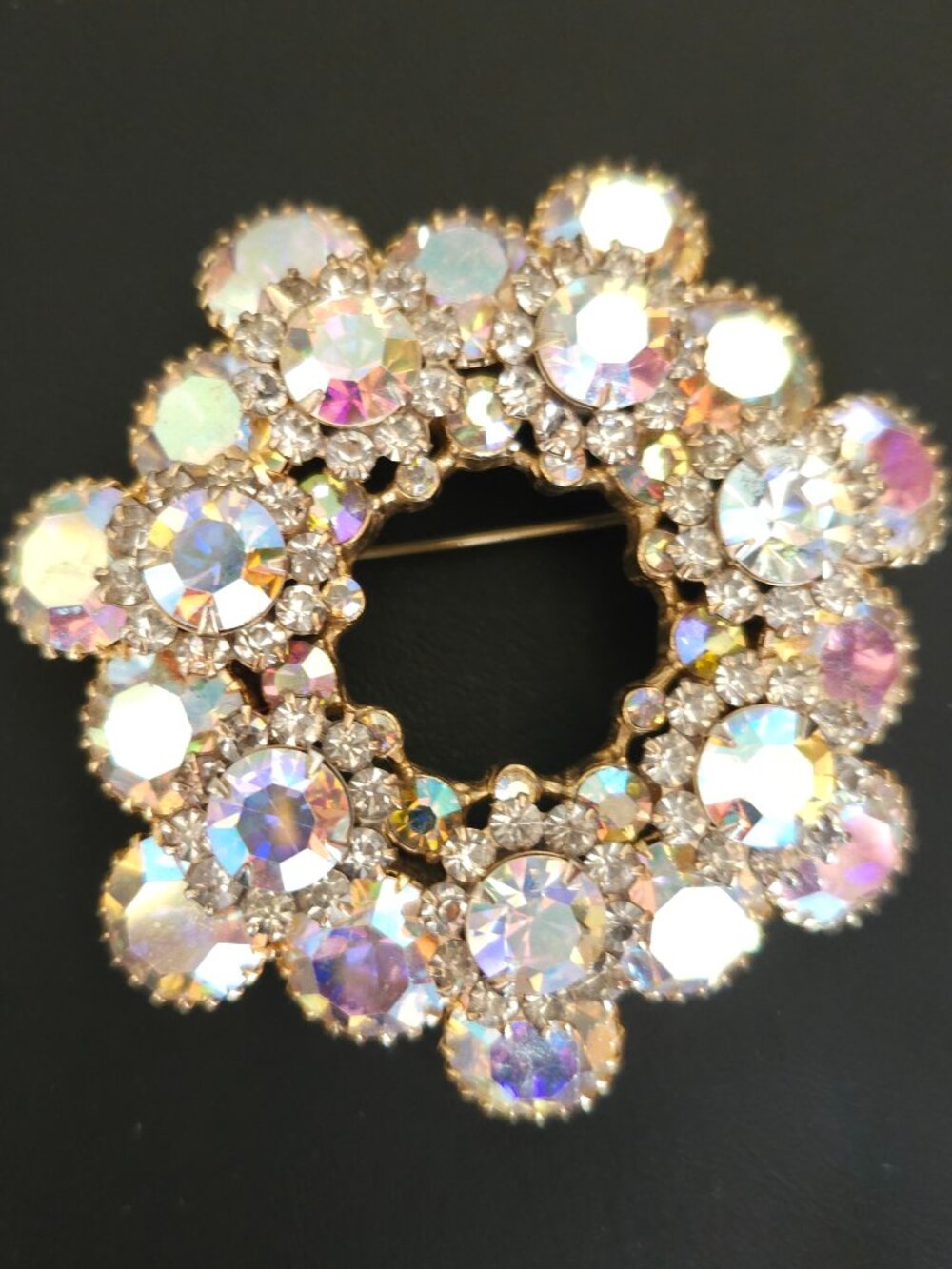 Vintage D&E Juliana AB Rhinestone Circle Brooch, Verified